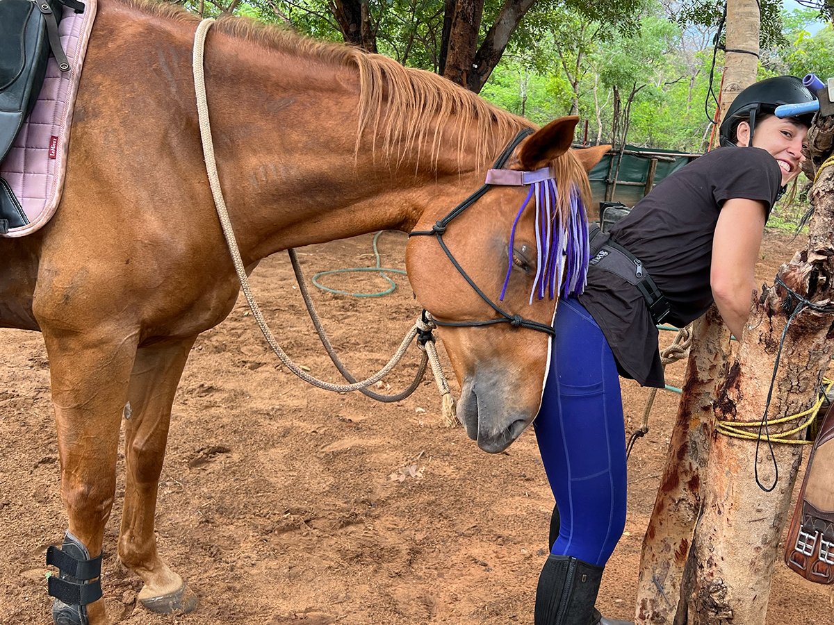 After a long ride, Fineprint the horse decides to use her rider as a scratching post.