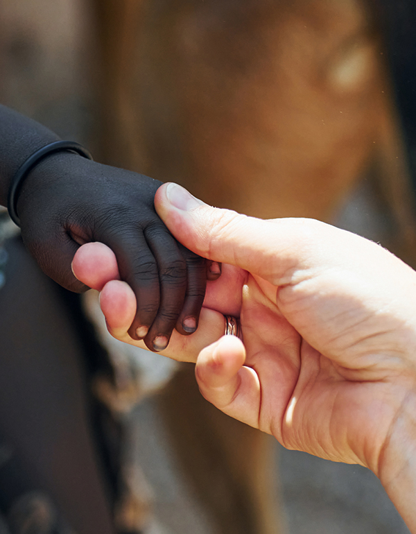 Cultural-Connection-Tourist-Local-Handshake-Wild-Bhiza-Zimbabwe Close-up of hands touching in greeting gesture between international tourist and local Zimbabwean during Wild Bhiza village tour near Victoria Falls
